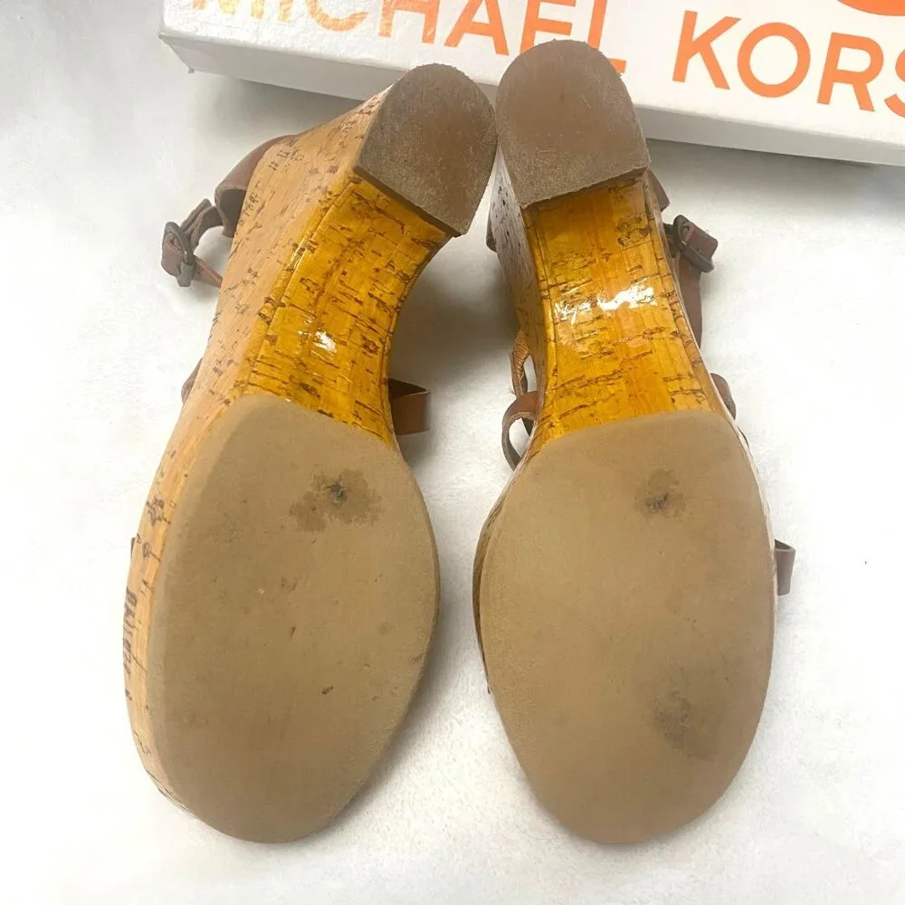 size 8.5 Michael Kors Glossy Cork Sandal, Luggage Brown Strappy Platform‎ Heel
